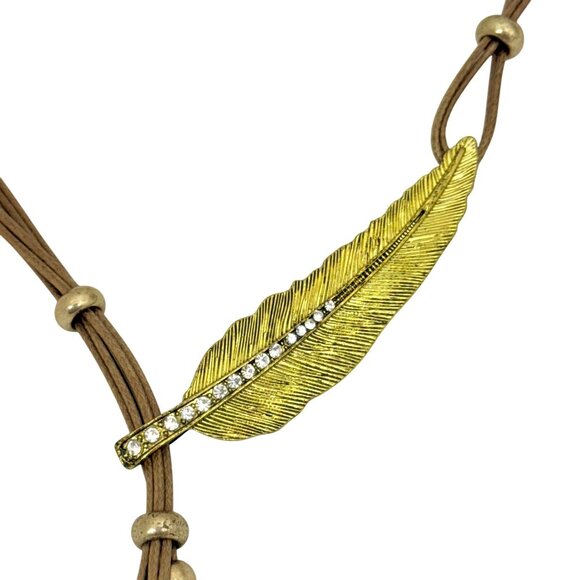 Multistrand Cord Necklace with Gold Tone Feather/Leaf Dangles/Elements - Picture 2 of 5